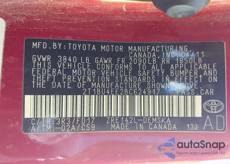 2011 Toyota Corolla S z USA, uszkodzony, nr VIN 2T1BU4EE2BC624917